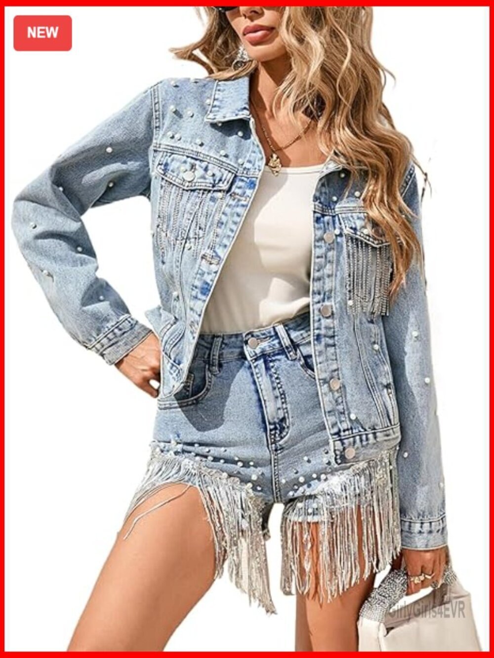 Pearl Tassel Denim Jacket with Heart Back Fringe, Long Sleeve